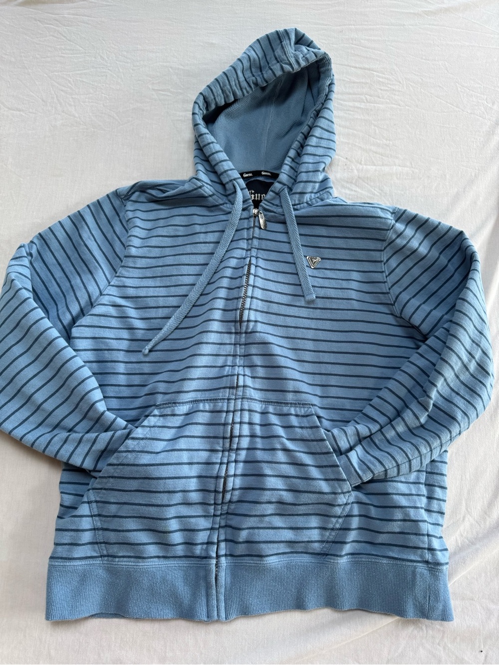 Guess Men's Light Blue Striped Zip-Up Hoodie Sweater